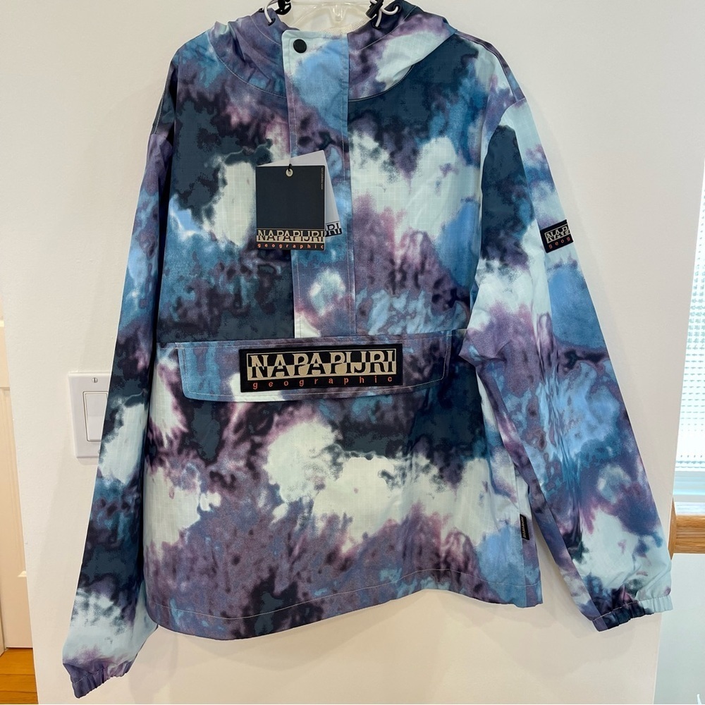 NWT Napapijri Freestrider AOP Anorak pullover Blue tie dye jacket